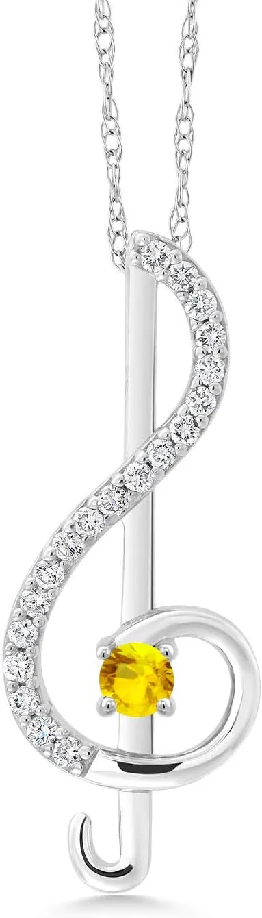 Gem Stone King Keren Hanan Inspired by Music 0.29 Ct Round Yellow Sapphire E-F Lab Grown Diamond 10K White Gold Treble Clef Pendant
