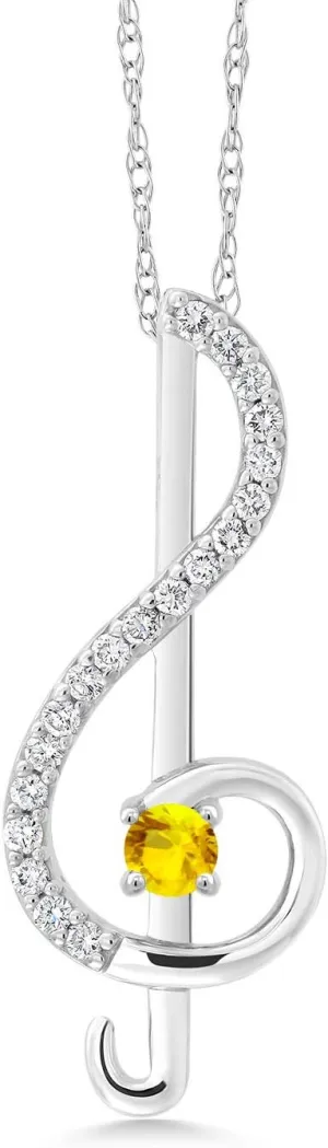 Gem Stone King Keren Hanan Inspired by Music 0.29 Ct Round Yellow Sapphire E-F Lab Grown Diamond 10K White Gold Treble Clef Pendant