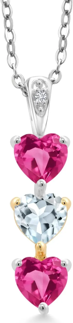 Gem Stone King Keren Hanan Lab Grown Diamond 3 Stone Heart Shape Pendant Necklace with Chain 1.62 Ct Pink Created Sapphire Sky Blue Aquamarine 925 Silver and 10K Yellow Gold