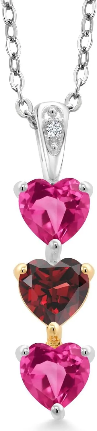 Gem Stone King Keren Hanan Lab Grown Diamond 3 Stone Heart Shape Pendant Necklace with Chain 1.81 Ct Pink Created Sapphire Red Garnet 925 Silver and 10K Yellow Gold