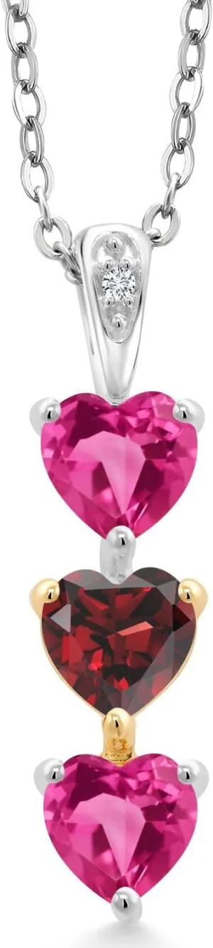 Gem Stone King Keren Hanan Lab Grown Diamond 3 Stone Heart Shape Pendant Necklace with Chain 1.81 Ct Pink Created Sapphire Red Garnet 925 Silver and 10K Yellow Gold