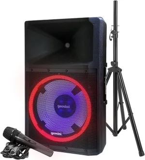 Gemini Sound GSP-L2200PK Indoor 2200 Watt Peak Bi-Amped Wired AC Powered Bluetooth DJ Speaker with 15" Inch Woofer, LED Party Lights, Built in Media Player, and Included Microphone and Speaker Stand
