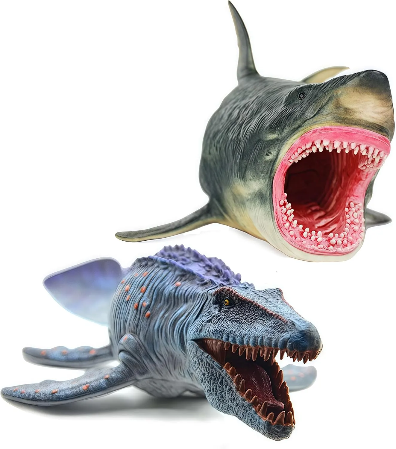 Gemini&Genius Mosasaurus and Megalodon Figurine Toy Set, Dinosaurs Toys with Movable Jaw- 13 Inches Length, Gifts for Kids or Dino Lovers