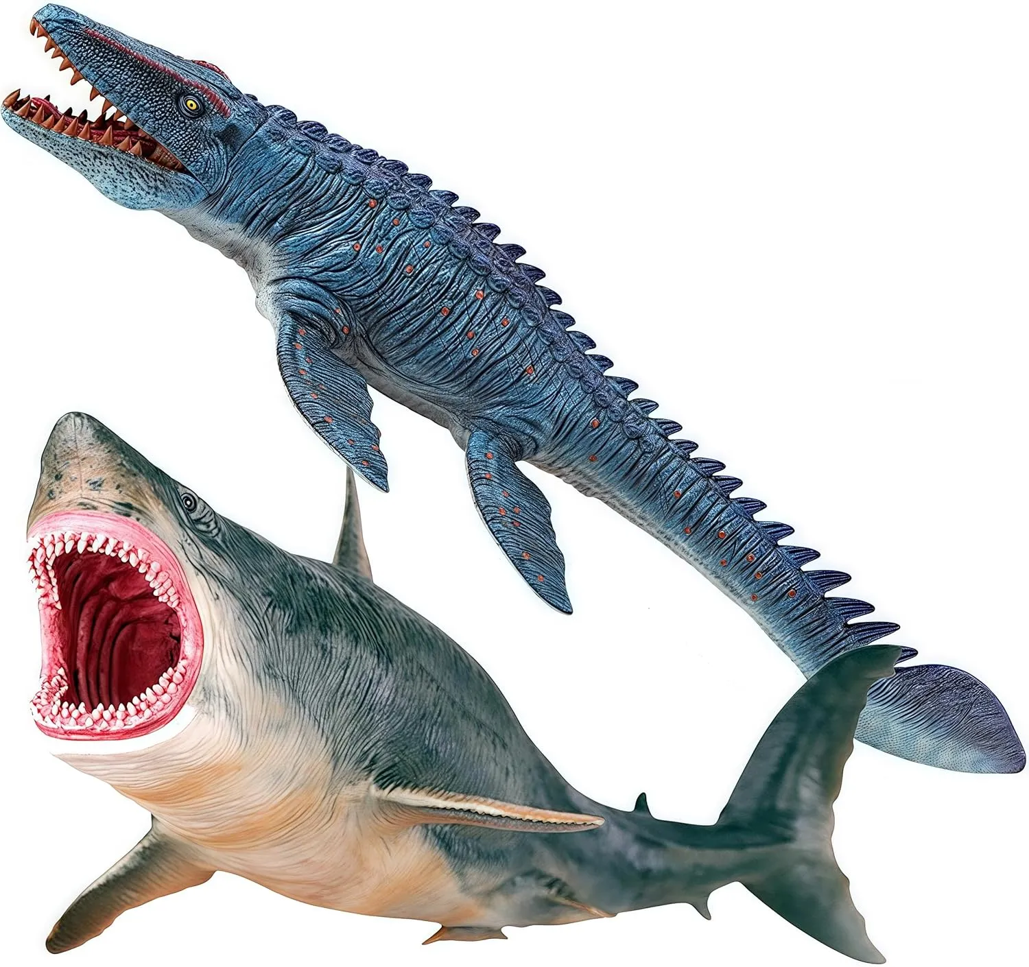 Gemini&Genius Mosasaurus and Megalodon Figurine Toy Set, Dinosaurs Toys with Movable Jaw- 13 Inches Length, Gifts for Kids or Dino Lovers