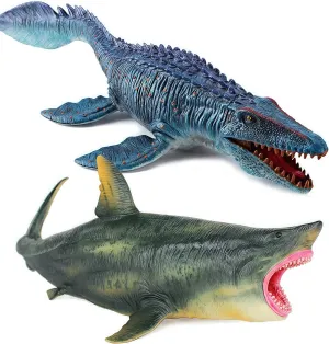 Gemini&Genius Mosasaurus and Megalodon Figurine Toy Set, Dinosaurs Toys with Movable Jaw- 13 Inches Length, Gifts for Kids or Dino Lovers