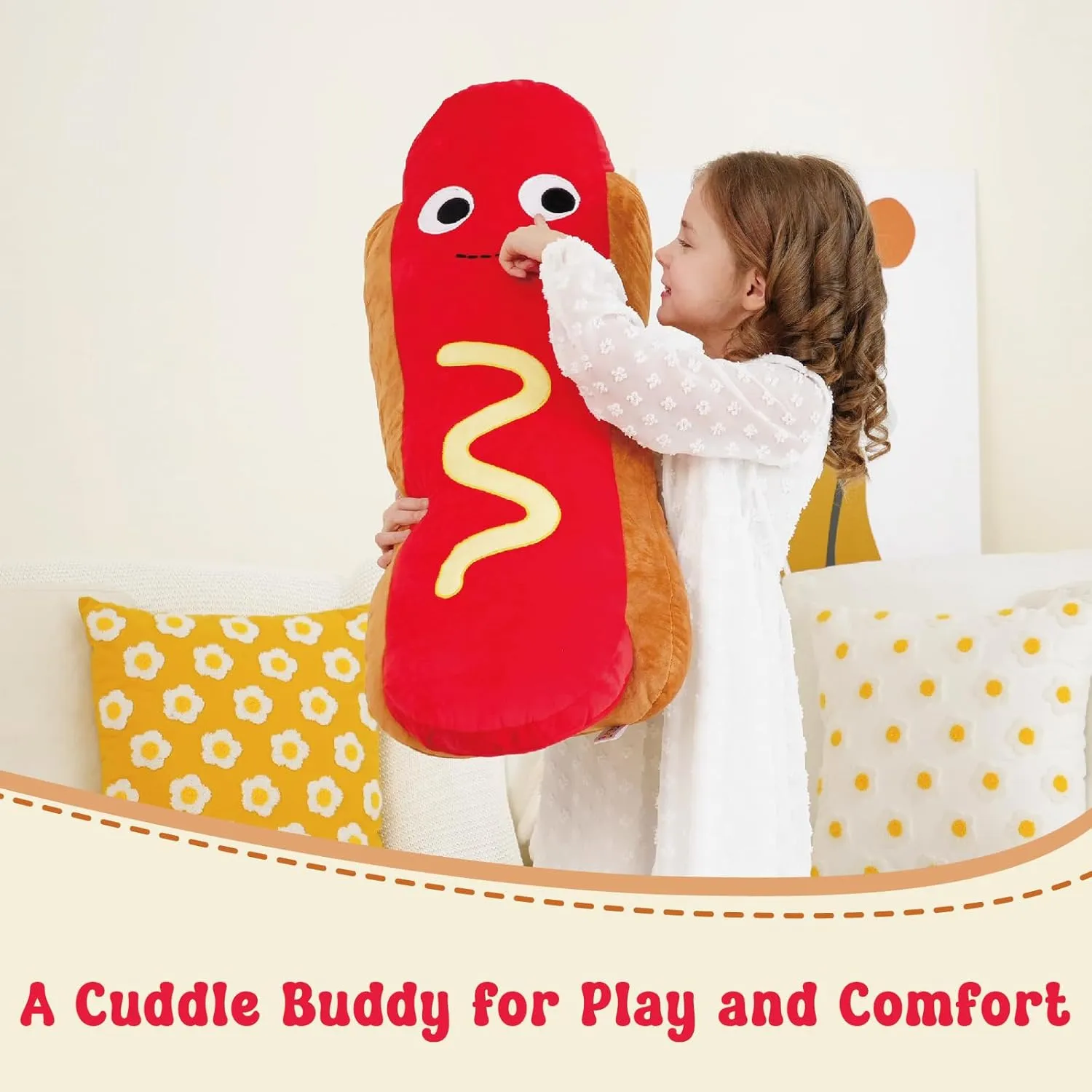 Giant Hot Dog Plush Pillow – 35 Inch Funny Food Plush Toy, Soft Stuffed Hot Dog Pillow, Oversized Hugging Cushion, Jumbo Plushie for Kids, Birthday