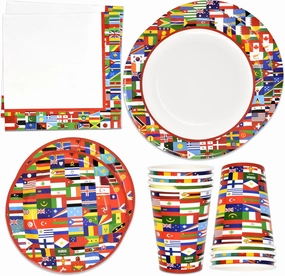Gift Boutique - 96 Pcs International World Flags Party Supplies Paper Plate Cup Napkin for Country Flag Trip Around the Globe Birthday Disposable Dinnerware Serves 24