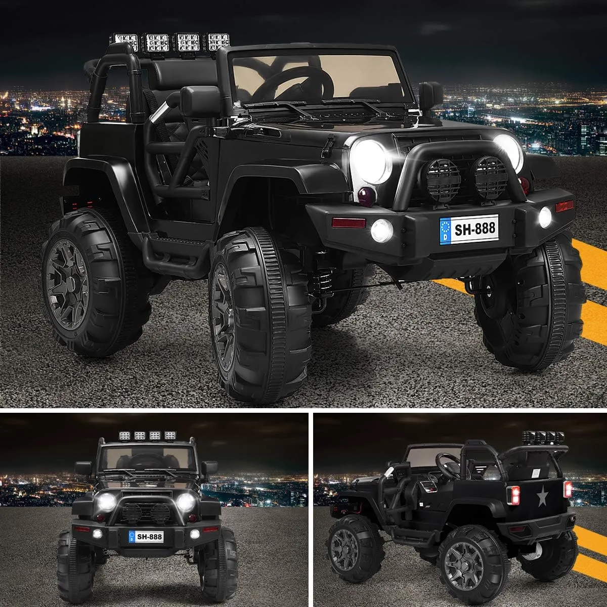 GLACER Kids Ride On Truck, 12V Battery Powered Electric Ride On Car with 2.4 GHZ Bluetooth Remote Control, 3 Speeds, LED Lights, 2 Magnetic Doors, Safety Belt, Music, MP3, Spring Suspension(Black)