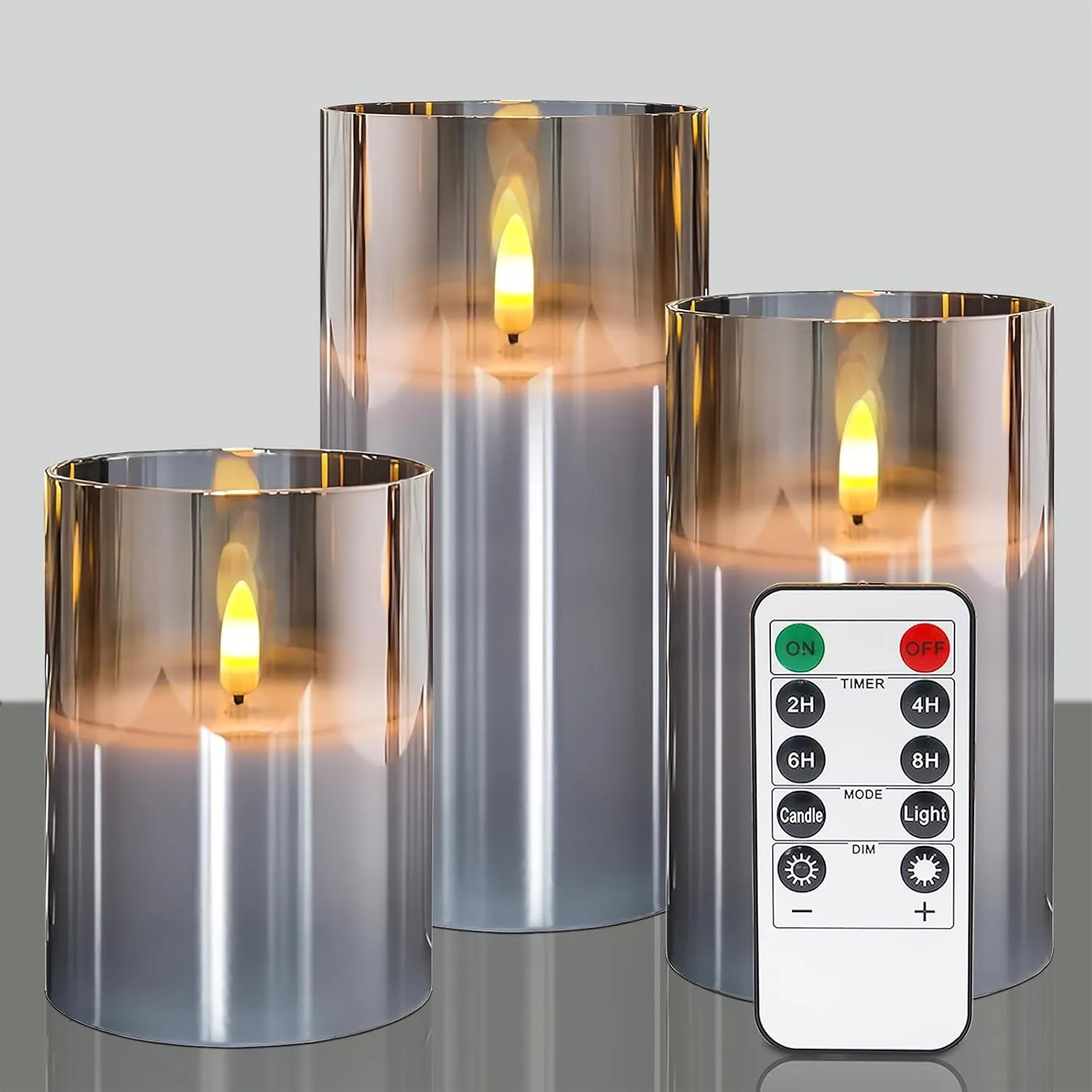 Glass Flameless Candles with Remote Battery Operated Flickering LED Pillar Candles Real Wax Wick (Grey), Gray