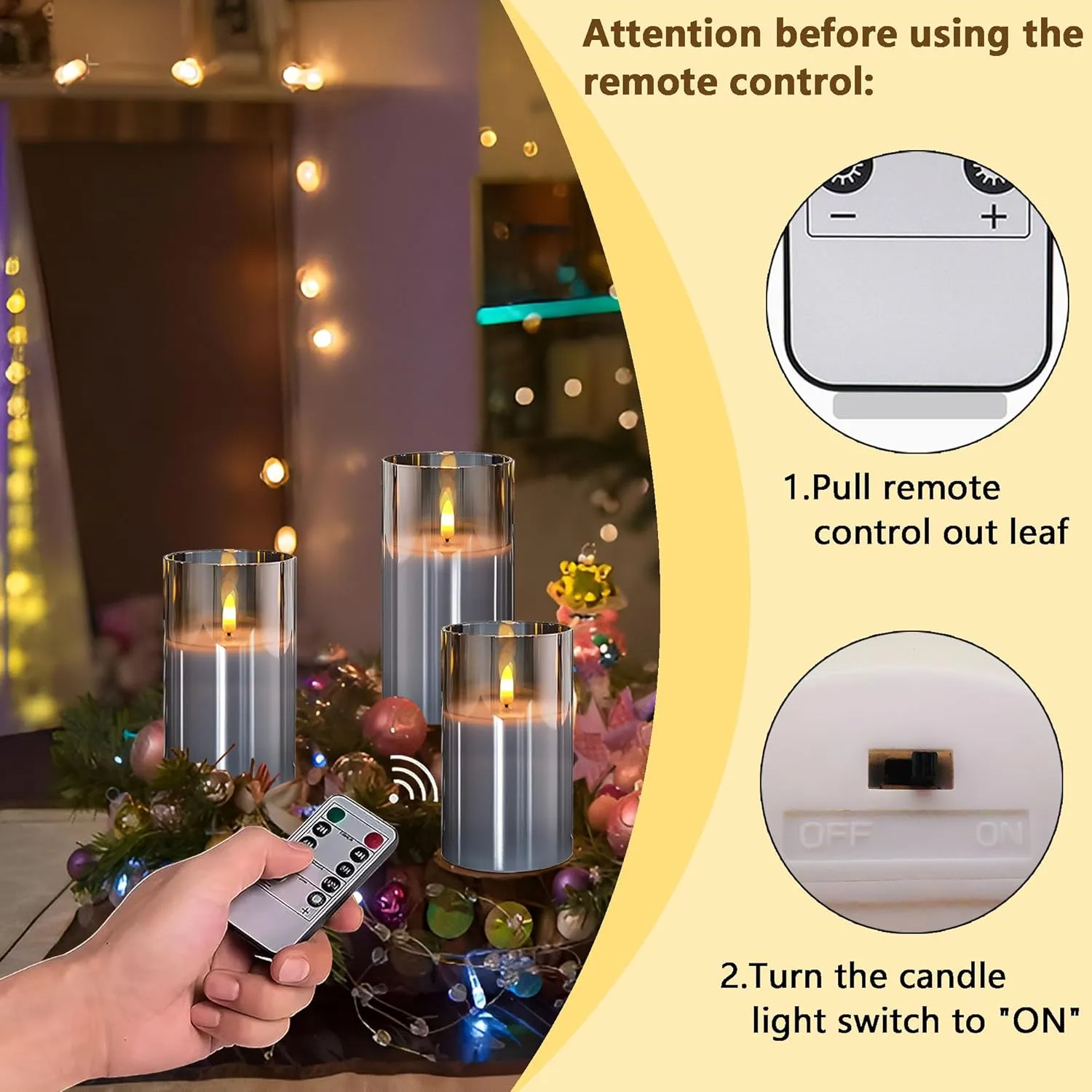Glass Flameless Candles with Remote Battery Operated Flickering LED Pillar Candles Real Wax Wick (Grey), Gray