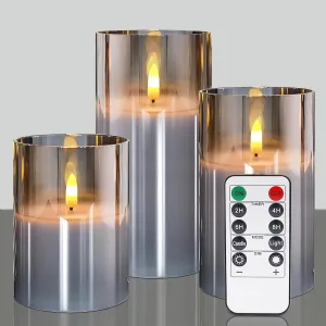 Glass Flameless Candles with Remote Battery Operated Flickering LED Pillar Candles Real Wax Wick (Grey), Gray