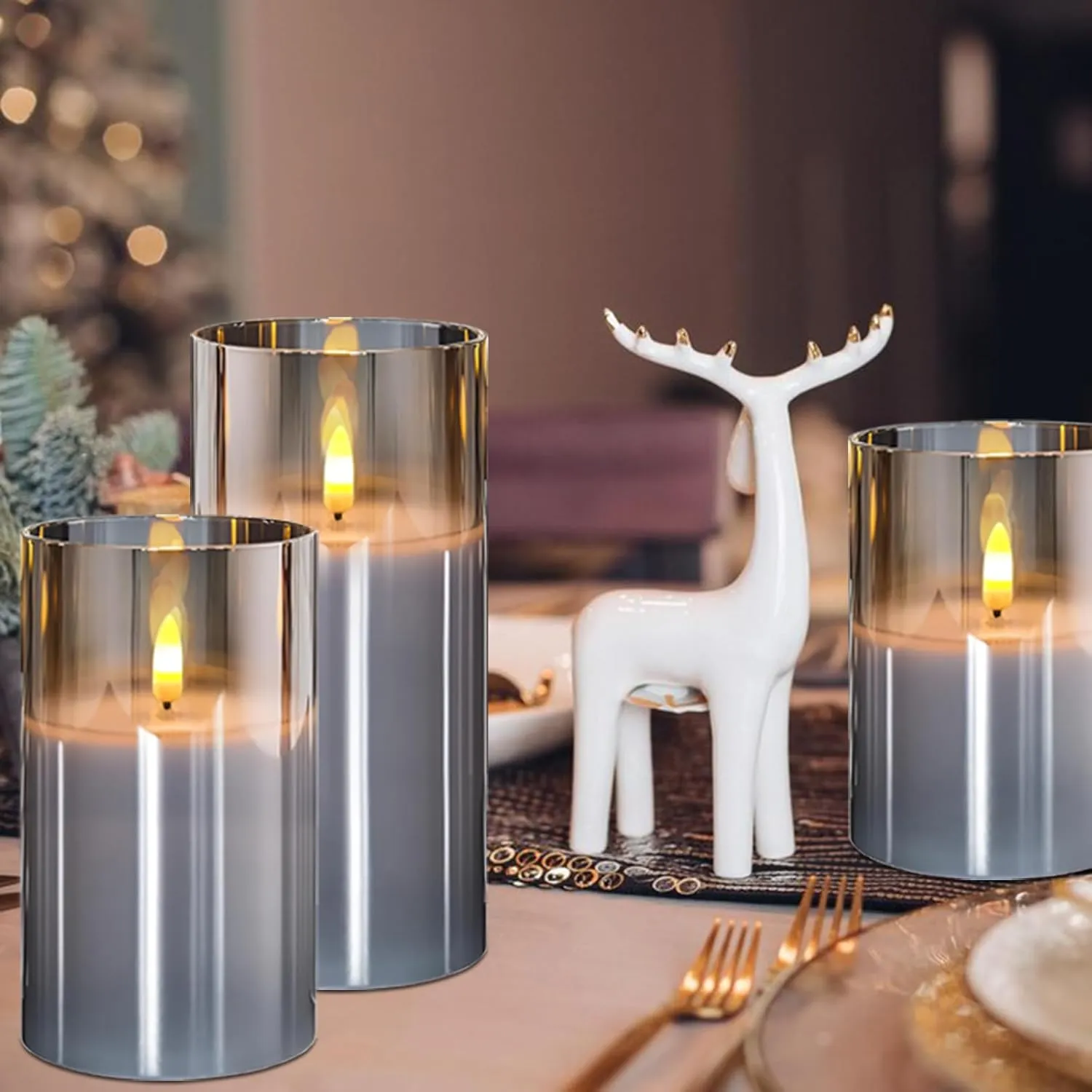 Glass Flameless Candles with Remote Battery Operated Flickering LED Pillar Candles Real Wax Wick (Grey), Gray