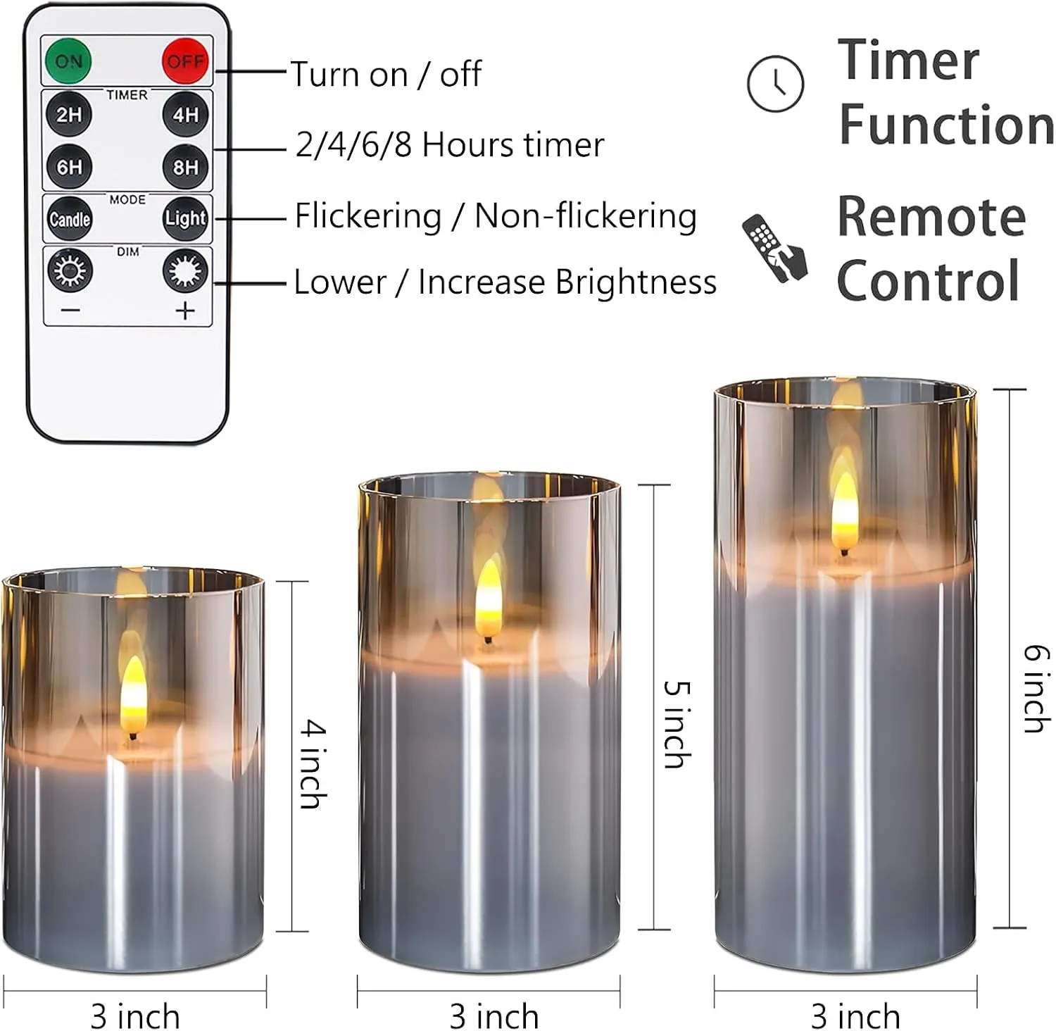 Glass Flameless Candles with Remote Battery Operated Flickering LED Pillar Candles Real Wax Wick (Grey), Gray