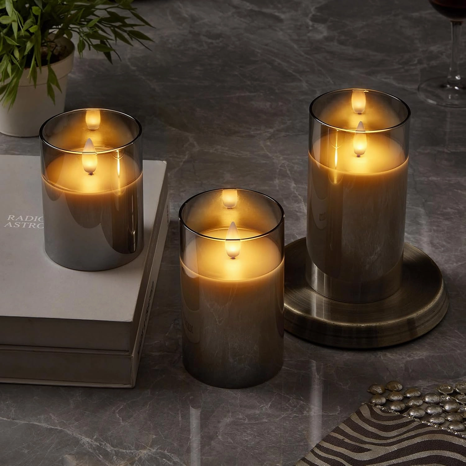 Glass Wax Flameless Pillar Candles Flickering with Remote Timer, Battery Operated LED Candles up to 400 Hours,3D Moving Flame Candles, Set of 3, D3 x H4, 5", 6",Remote Included (Gray).