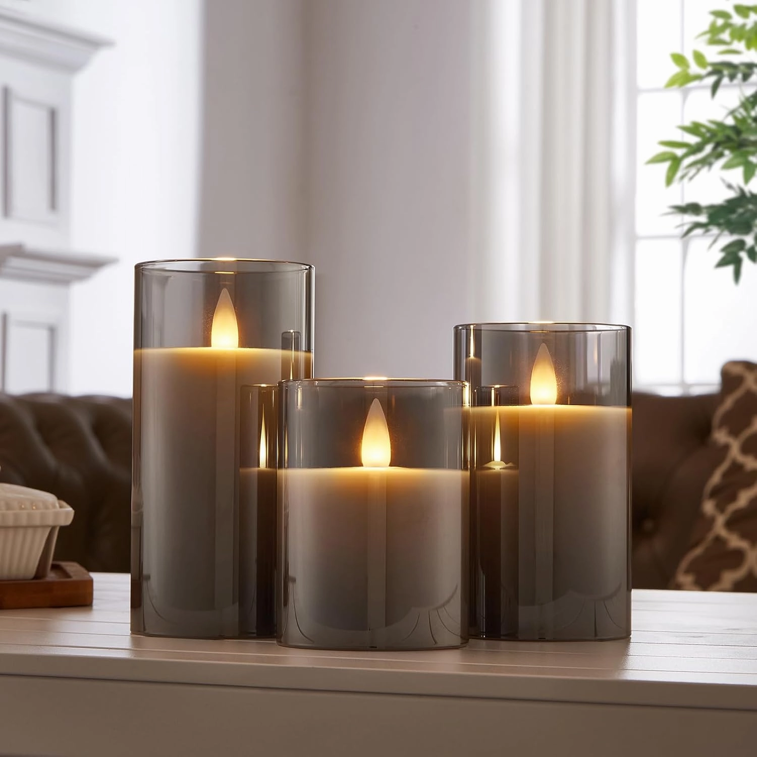 Glass Wax Flameless Pillar Candles Flickering with Remote Timer, Battery Operated LED Candles up to 400 Hours,3D Moving Flame Candles, Set of 3, D3 x H4, 5", 6",Remote Included (Gray).