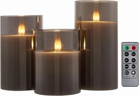 Glass Wax Flameless Pillar Candles Flickering with Remote Timer, Battery Operated LED Candles up to 400 Hours,3D Moving Flame Candles, Set of 3, D3 x H4, 5", 6",Remote Included (Gray).