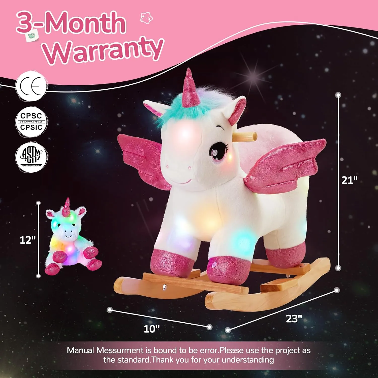 Glow Guards Light Up Musical Unicorn Baby Rocking Horse Set of 2 with Safety Belt White Unicorn Rocker Baby Rocking Chair Ride on Unicorn for Toddlers 1-3