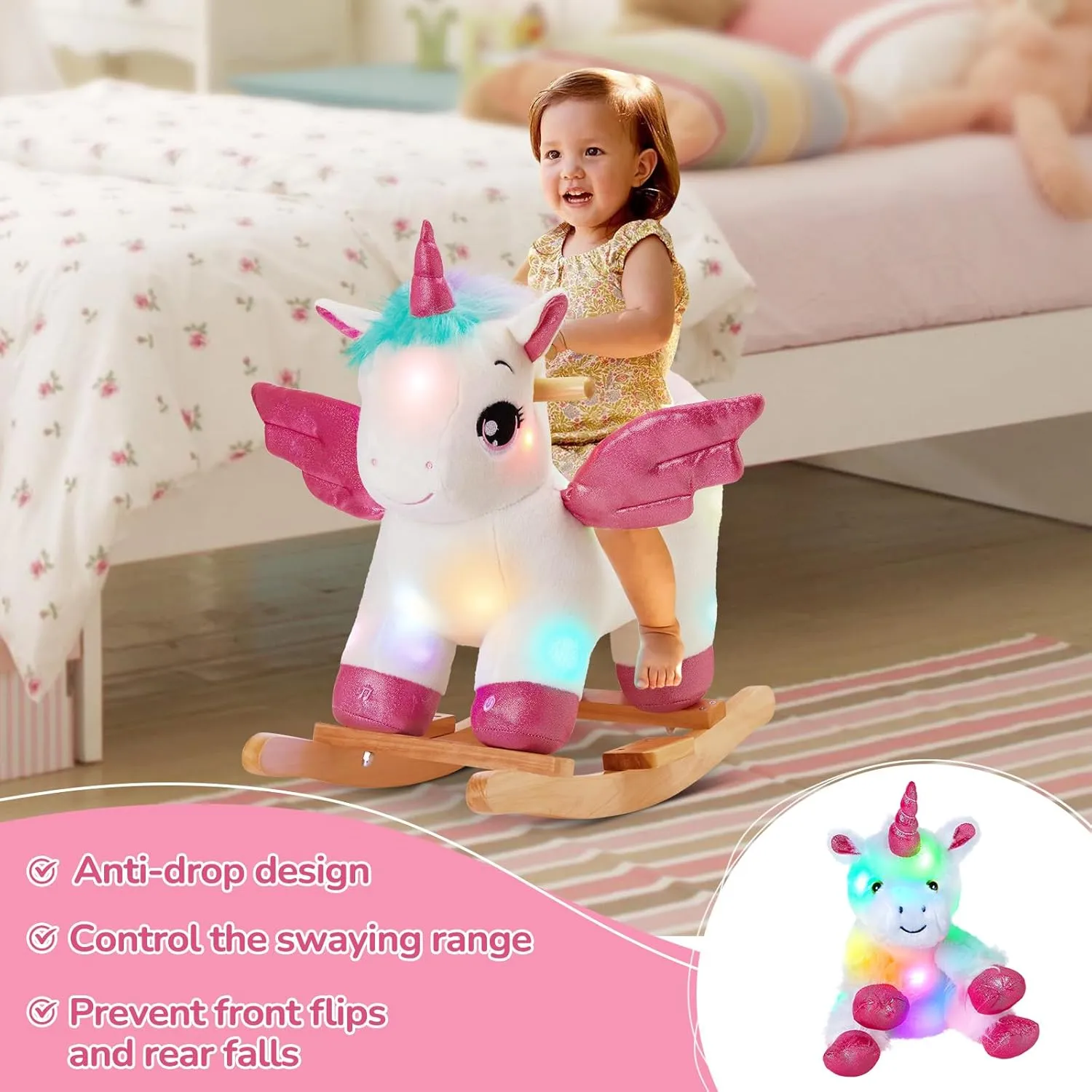 Glow Guards Light Up Musical Unicorn Baby Rocking Horse Set of 2 with Safety Belt White Unicorn Rocker Baby Rocking Chair Ride on Unicorn for Toddlers 1-3