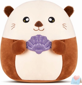 Glow Guards 12” Sea Otter Plush Pillow with Fuzzy Ears,Cute Otter Stuffed Animal,Soft Plushies Pillow Kawaii Otter Plush Toys with Glitter Purple Seashell,Otter Toys Gift for Girls Boys Birthday