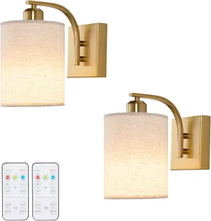 Gold Rechargeable Battery Operated Wall Sconces Set of 2 with Remote, Wireless Dimmable Battery Powered LED Wall Lights, Cordless Wall Lighting Lamp Fixture for Bedroom Living Room