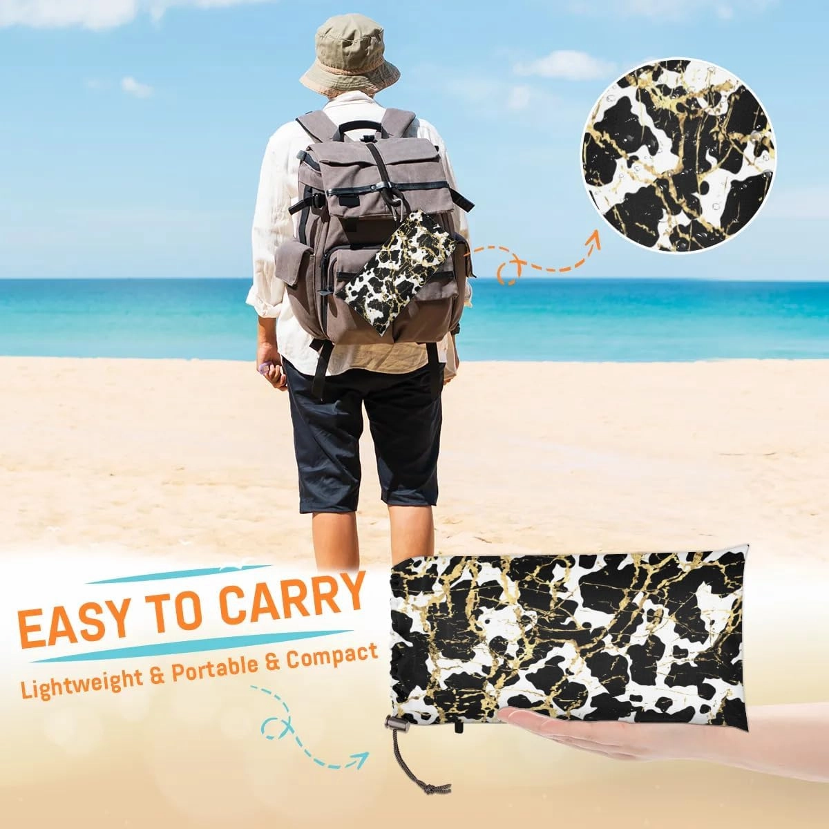 Gold White Black Marble Beach Blanket, Sandproof Beach Mat, 68 x 59 Waterproof Quick Drying Sand Free Mat with 4 x Ground Spikes for Outdoor Travel Camping Hiking, Marble