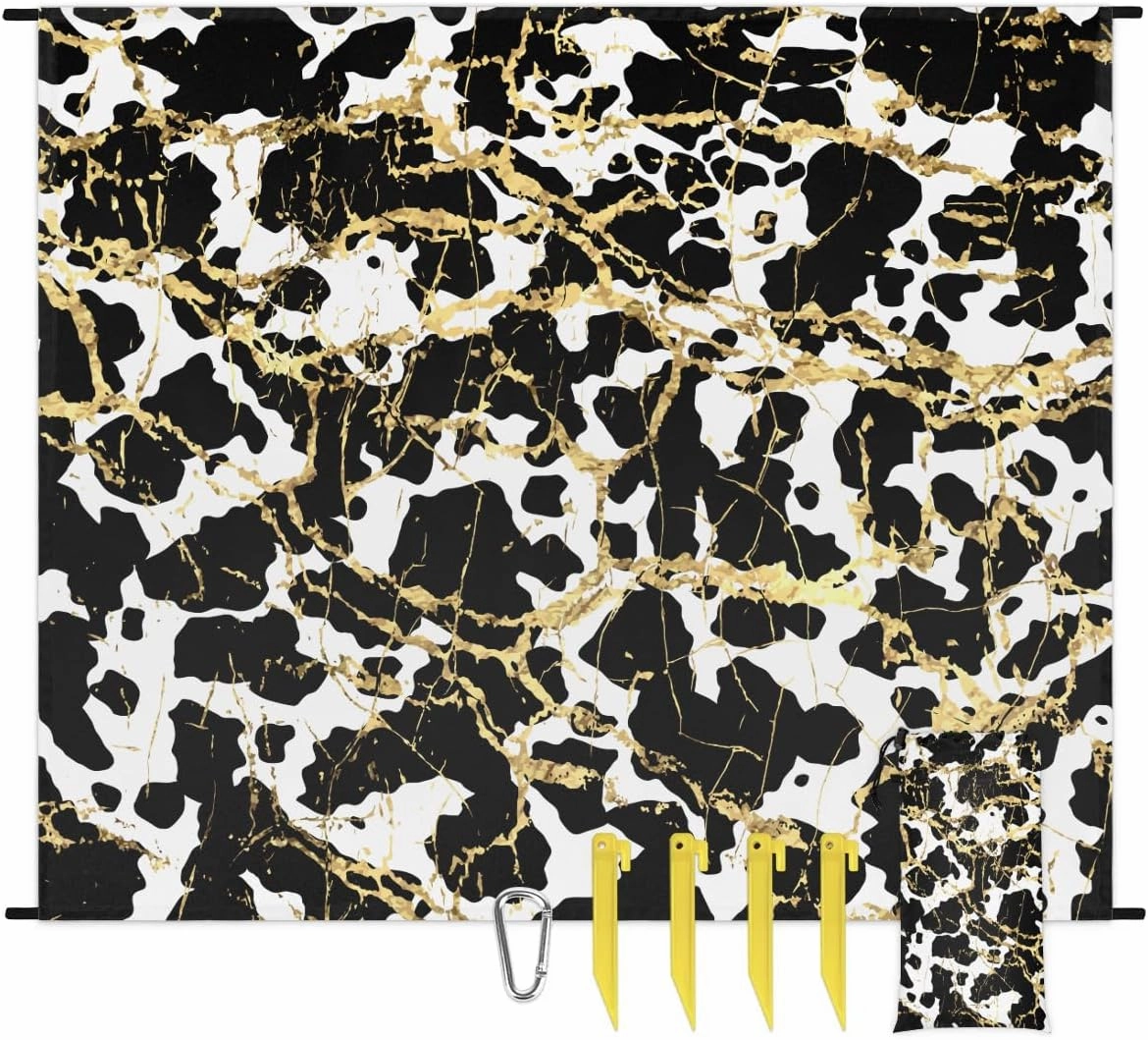 Gold White Black Marble Beach Blanket, Sandproof Beach Mat, 68 x 59 Waterproof Quick Drying Sand Free Mat with 4 x Ground Spikes for Outdoor Travel Camping Hiking, Marble