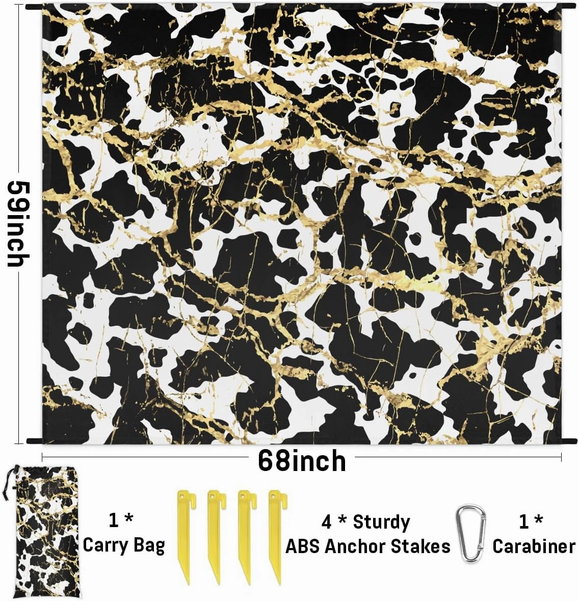 Gold White Black Marble Beach Blanket, Sandproof Beach Mat, 68 x 59 Waterproof Quick Drying Sand Free Mat with 4 x Ground Spikes for Outdoor Travel Camping Hiking, Marble