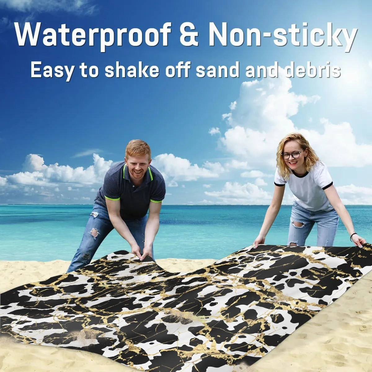 Gold White Black Marble Beach Blanket, Sandproof Beach Mat, 68 x 59 Waterproof Quick Drying Sand Free Mat with 4 x Ground Spikes for Outdoor Travel Camping Hiking, Marble