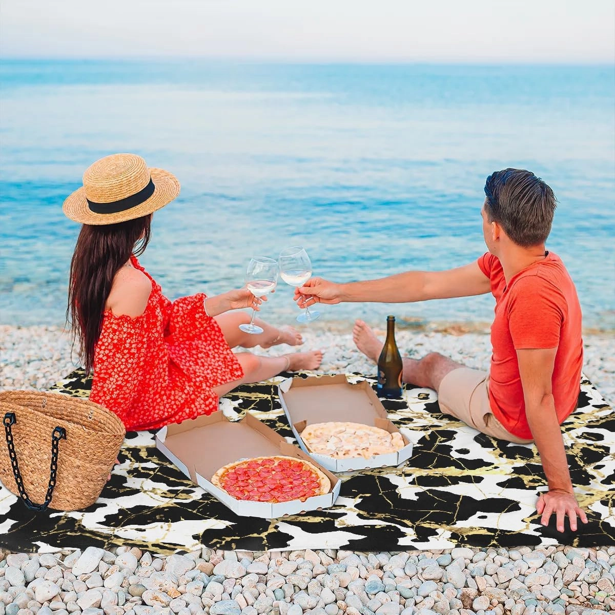 Gold White Black Marble Beach Blanket, Sandproof Beach Mat, 68 x 59 Waterproof Quick Drying Sand Free Mat with 4 x Ground Spikes for Outdoor Travel Camping Hiking, Marble