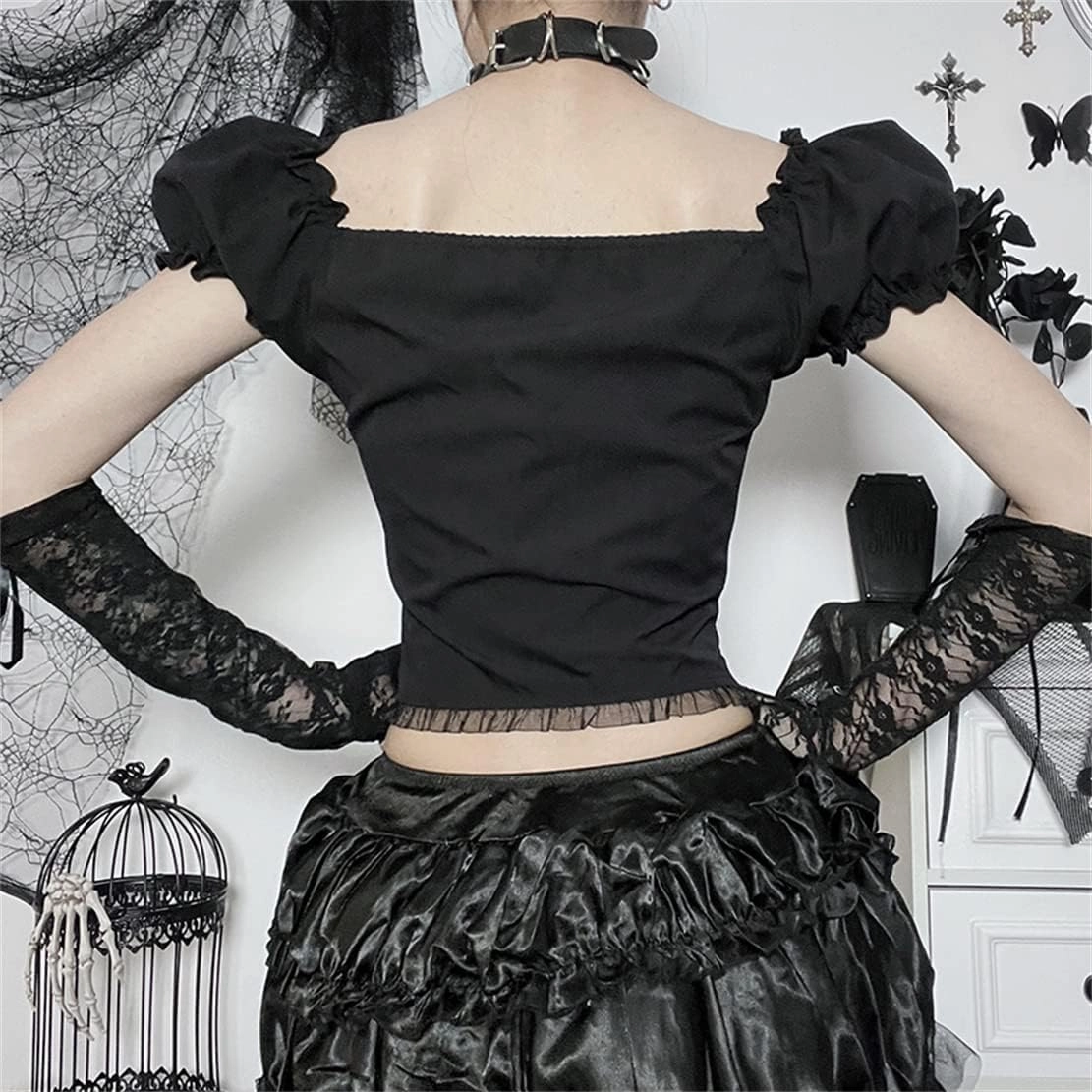 Gothic Crop Top for Women Goth Fairy Grunge Tank Tops Punk T-Shirt Streetwear Workout Tees Emo Blouse