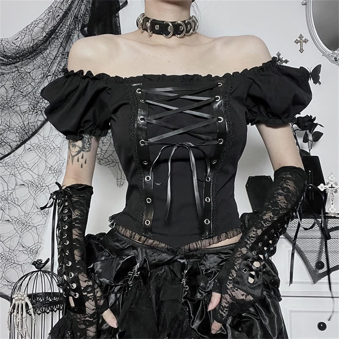 Gothic Crop Top for Women Goth Fairy Grunge Tank Tops Punk T-Shirt Streetwear Workout Tees Emo Blouse