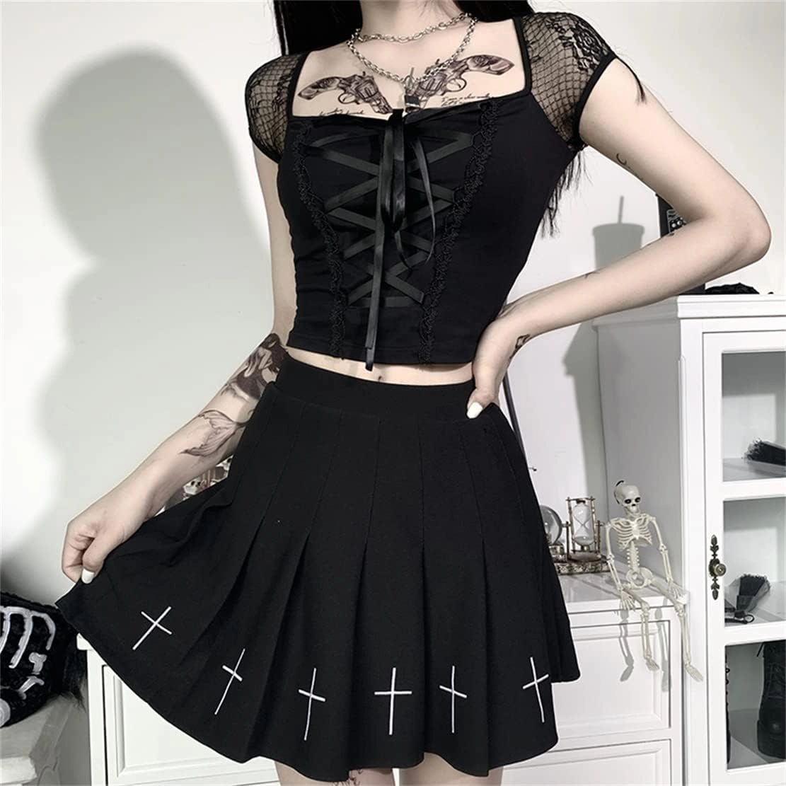Gothic Crop Top for Women Goth Fairy Grunge Tank Tops Punk T-Shirt Streetwear Workout Tees Emo Blouse