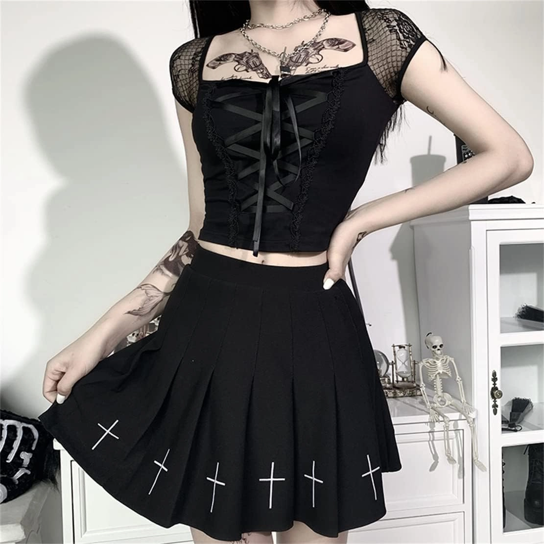 Gothic Crop Top for Women Goth Fairy Grunge Tank Tops Punk T-Shirt Streetwear Workout Tees Emo Blouse