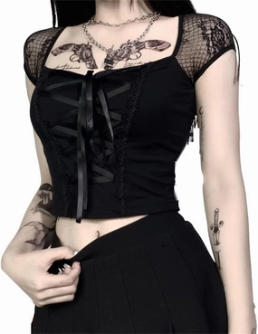 Gothic Crop Top for Women Goth Fairy Grunge Tank Tops Punk T-Shirt Streetwear Workout Tees Emo Blouse