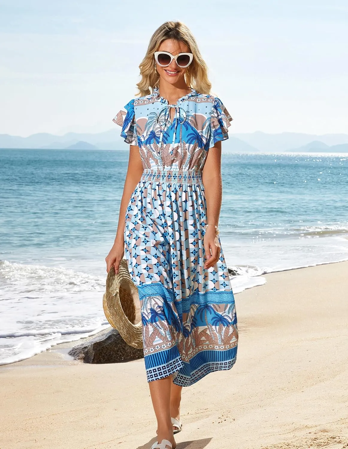 GRACE KARIN Women's Floral Boho Dress Hawaiian Dresse Short Sleeve V Neck Summer Beach Wedding Guest Swing Maxi Sundress