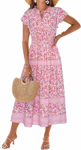 GRACE KARIN Women's Floral Boho Dress Hawaiian Dresse Short Sleeve V Neck Summer Beach Wedding Guest Swing Maxi Sundress