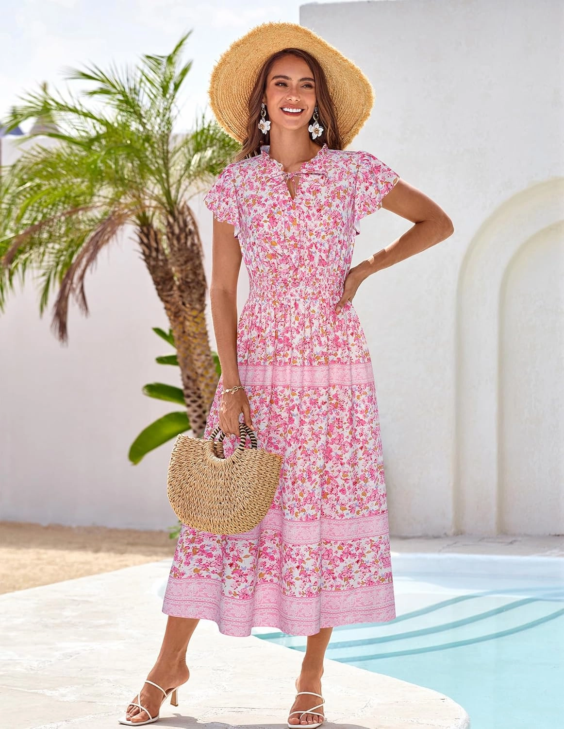 GRACE KARIN Women's Floral Boho Dress Hawaiian Dresse Short Sleeve V Neck Summer Beach Wedding Guest Swing Maxi Sundress