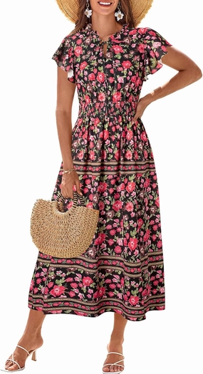 GRACE KARIN Women's Floral Boho Dress Hawaiian Dresse Short Sleeve V Neck Summer Beach Wedding Guest Swing Maxi Sundress