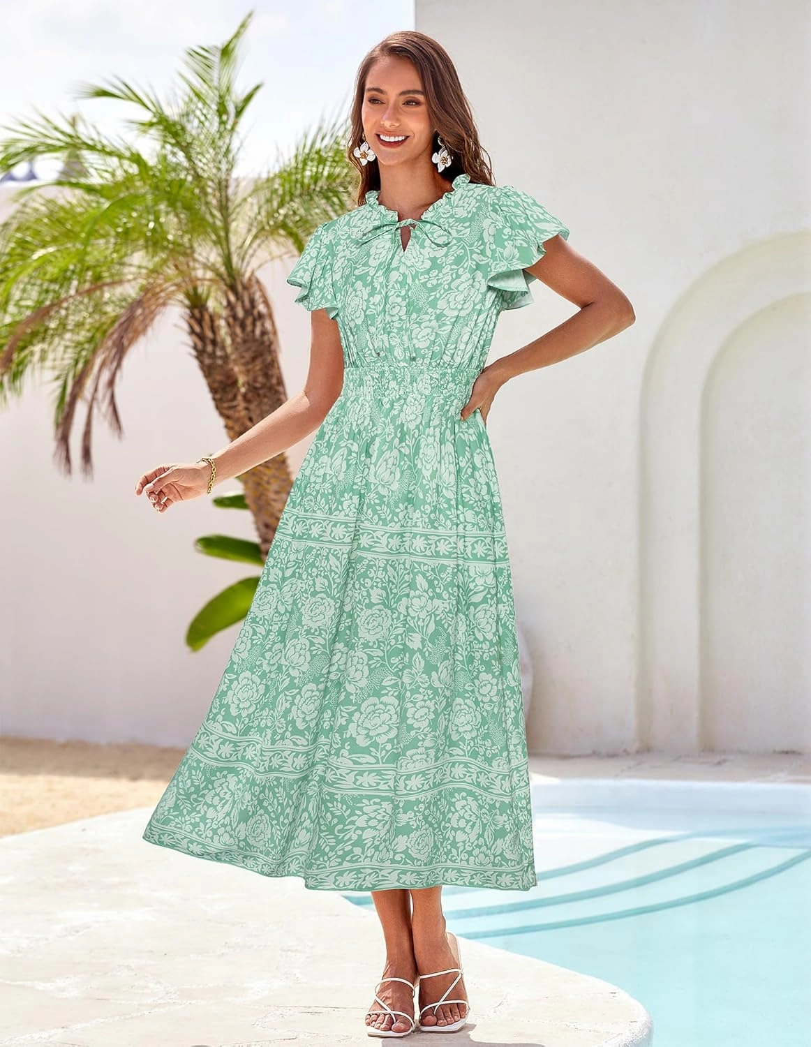 GRACE KARIN Women's Floral Boho Dress Hawaiian Dresse Short Sleeve V Neck Summer Beach Wedding Guest Swing Maxi Sundress
