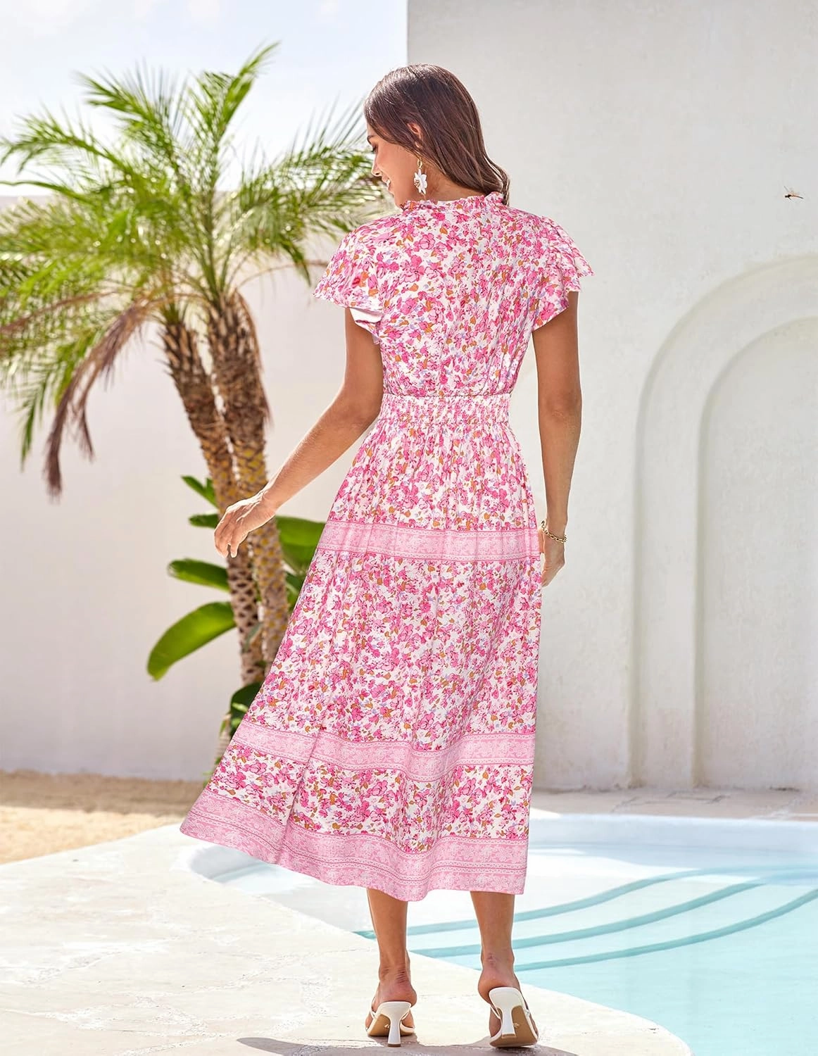 GRACE KARIN Women's Floral Boho Dress Hawaiian Dresse Short Sleeve V Neck Summer Beach Wedding Guest Swing Maxi Sundress
