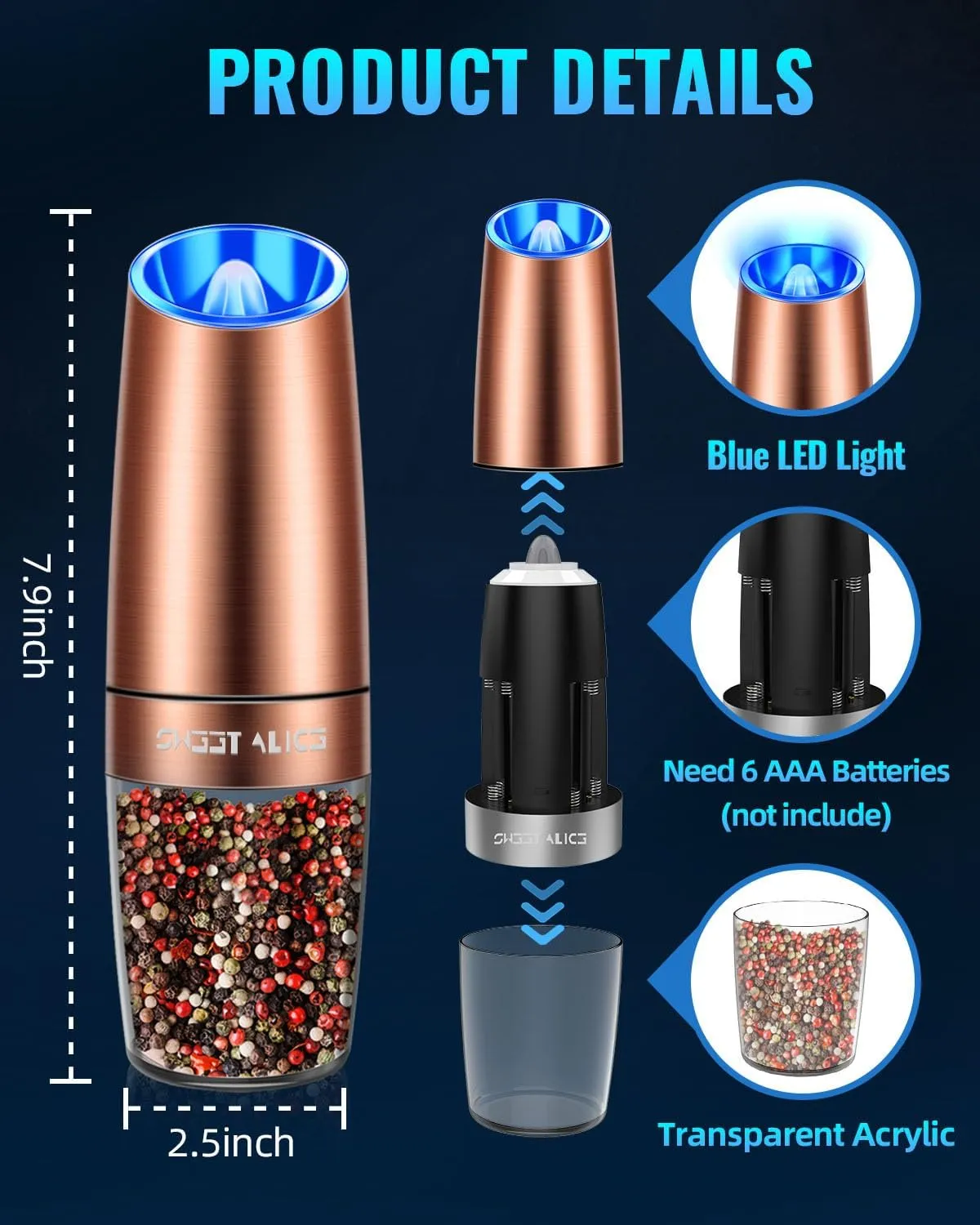 Gravity Electric Pepper and Salt Grinder Set, Adjustable Coarseness, Battery Powered with LED Light, One Hand Automatic Operation, Stainless Steel Copper, 2 Pack