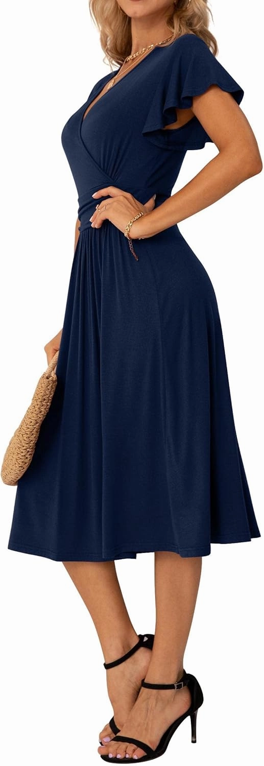 GRECERELLE Spring Summer Dress for Women Casual Ruffle Short Sleeve Wrap V-Neck Dress
