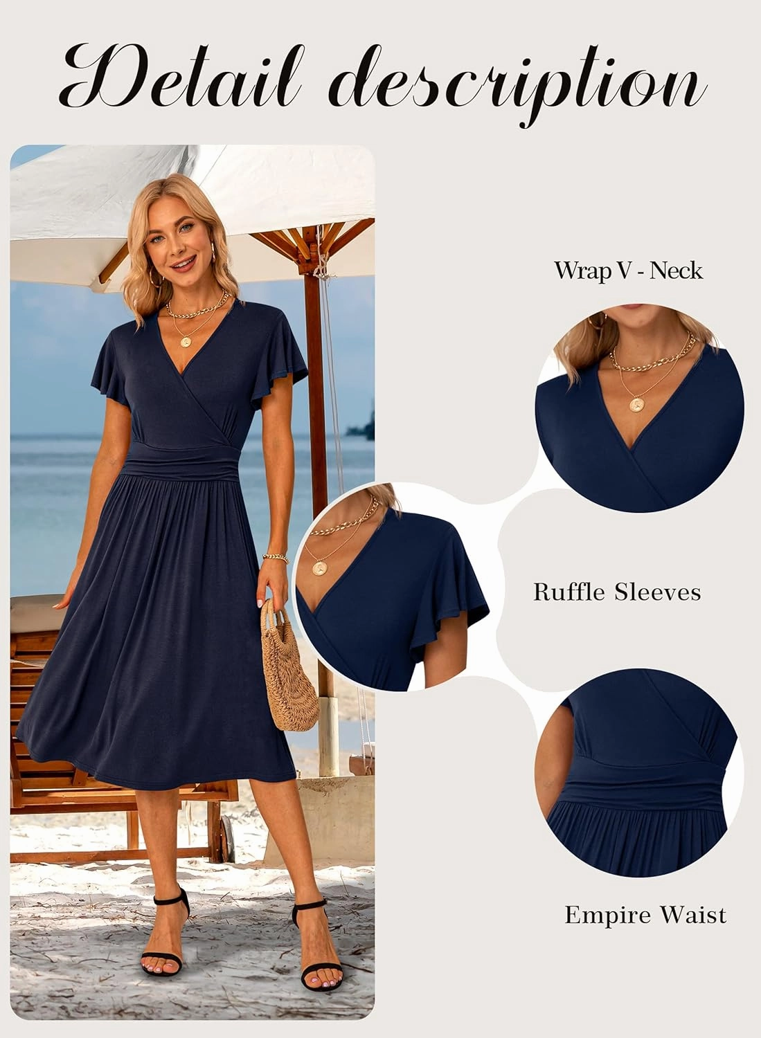 GRECERELLE Spring Summer Dress for Women Casual Ruffle Short Sleeve Wrap V-Neck Dress