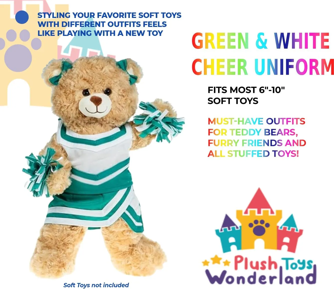 Green & White Cheer Uniform,Cute Cheerleader Outfit for Your Stuffed Animals Toys Fits Most 6"-10" Stuffed Soft Toys Gift Your Loved One,Cute Teddy Bear's,Cheerleader Friends!