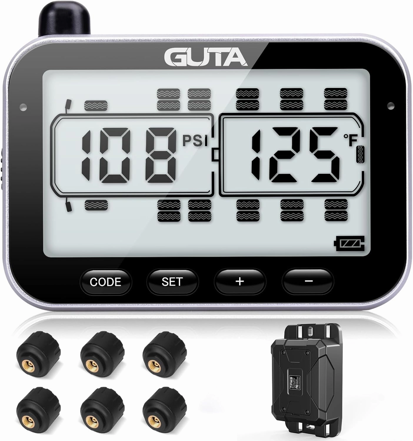 GUTA RV Tire Pressure Monitoring System, RV TPMS, 6 Sensors, 7 Alarm Modes, 14 Days Battery Life, 80ft Sensing Distance, Large Screen, for RV, Trailer, Coach, Motor Home, Fifth Wheel, (0-188psi)