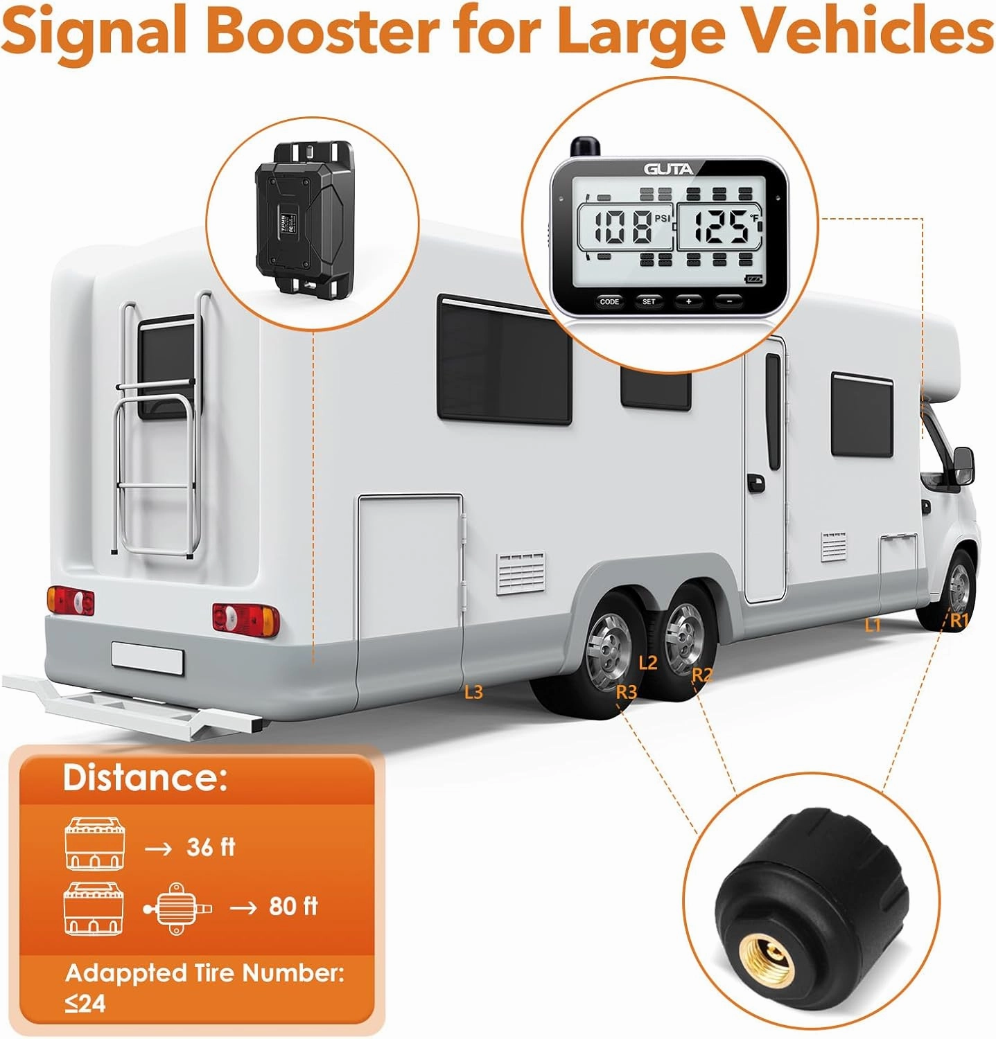 GUTA RV Tire Pressure Monitoring System, RV TPMS, 6 Sensors, 7 Alarm Modes, 14 Days Battery Life, 80ft Sensing Distance, Large Screen, for RV, Trailer, Coach, Motor Home, Fifth Wheel, (0-188psi)