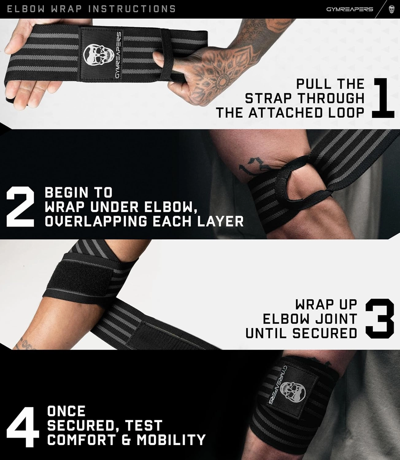 Gymreapers Weightlifting Elbow Wraps (1 Pair) - Flexible 40'' Elbow Compression Strap & Joint Support Brace - for Bench Press, Powerlifting, and Pressing