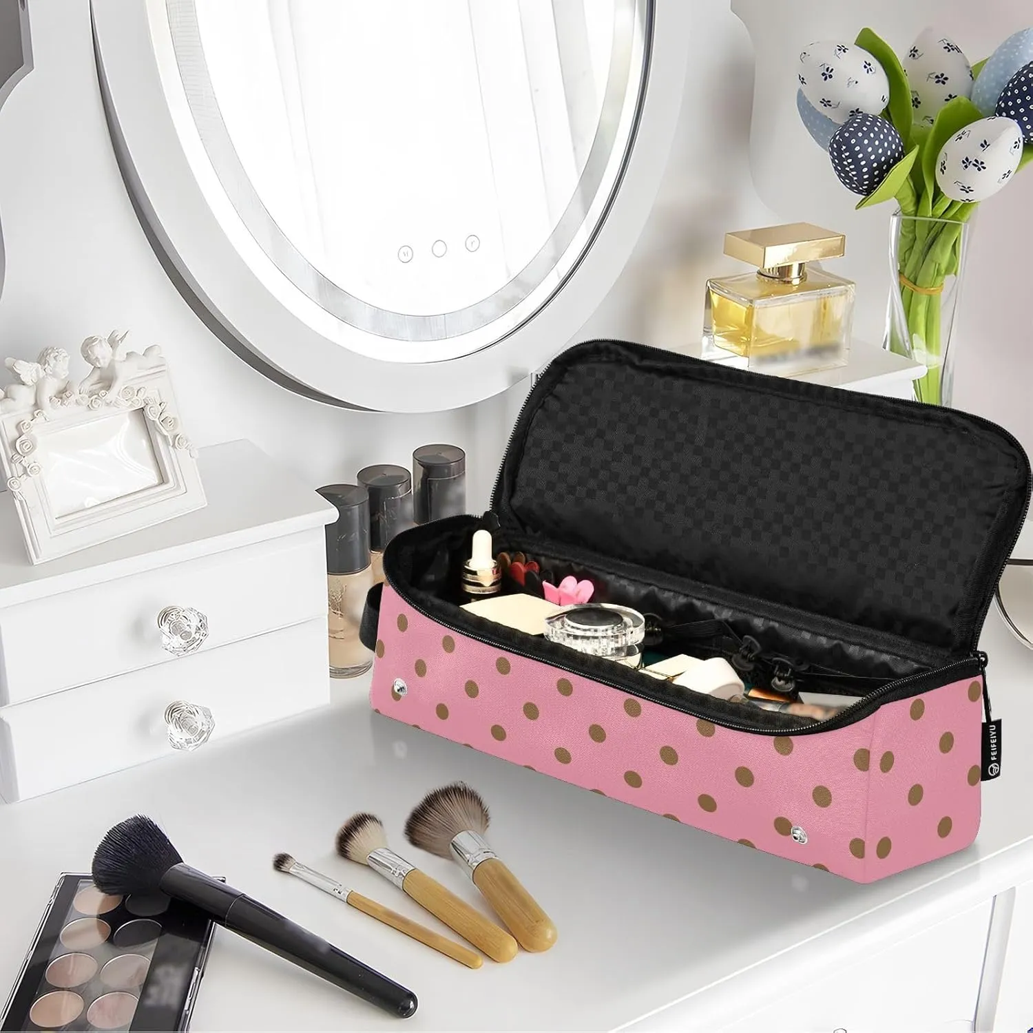 Hair Tool Travel Bag for Women, 2 in 1 Hair Tools Organizer, and Heat Resistant Mat with Zipper for Curling Iron Straightener Flat Hairs Dryer, Polka Dots Bright Pink Mid Century Modern