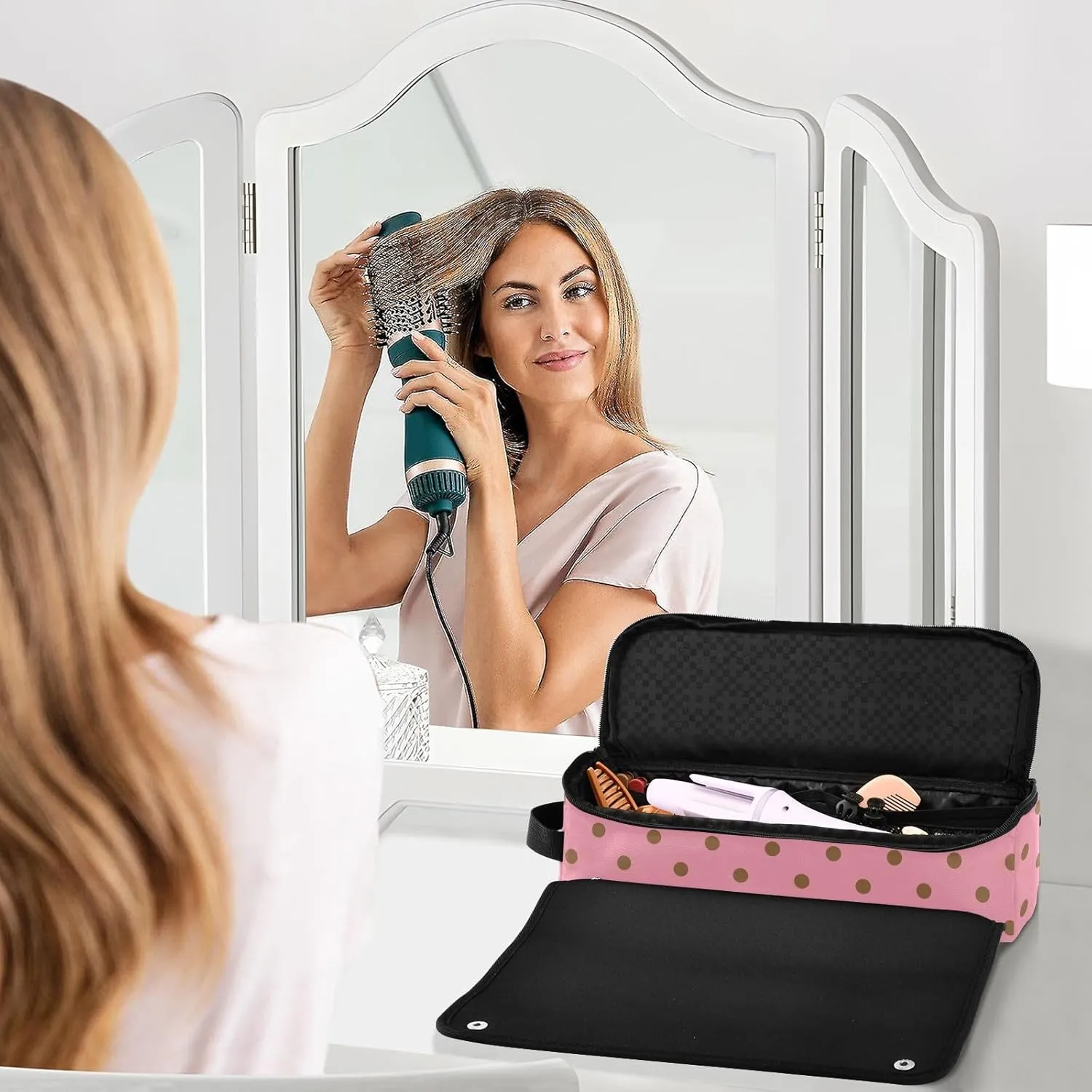 Hair Tool Travel Bag for Women, 2 in 1 Hair Tools Organizer, and Heat Resistant Mat with Zipper for Curling Iron Straightener Flat Hairs Dryer, Polka Dots Bright Pink Mid Century Modern