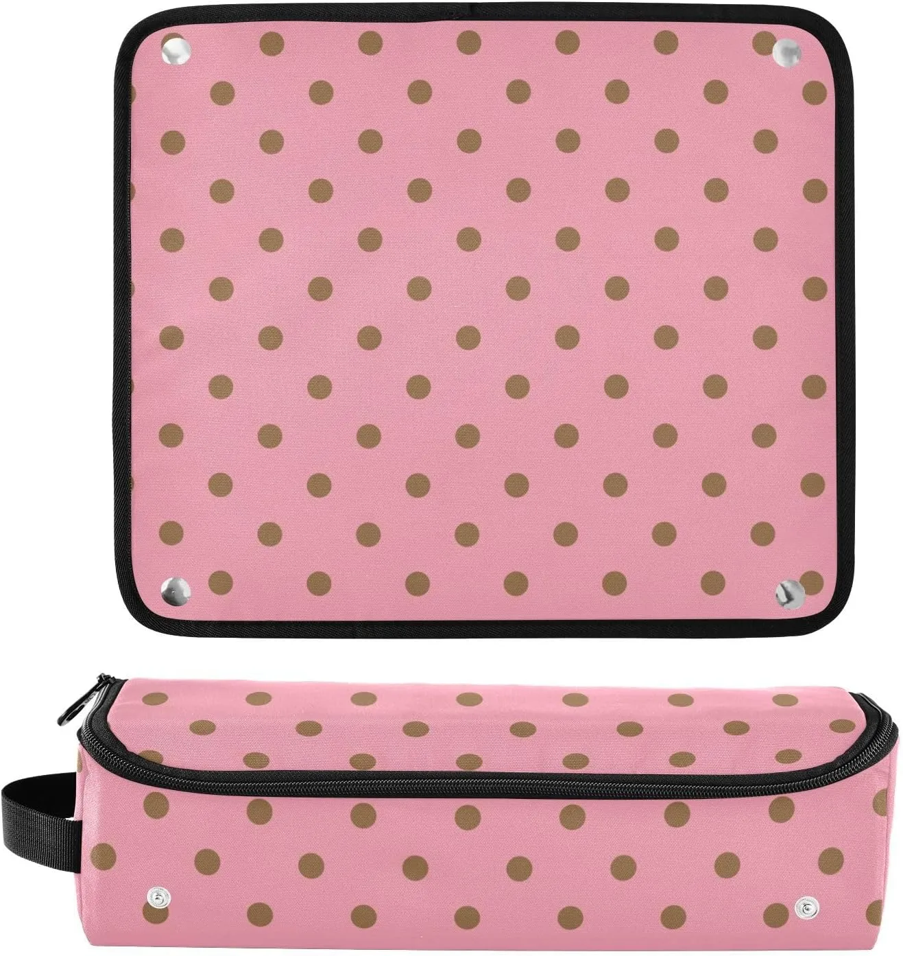 Hair Tool Travel Bag for Women, 2 in 1 Hair Tools Organizer, and Heat Resistant Mat with Zipper for Curling Iron Straightener Flat Hairs Dryer, Polka Dots Bright Pink Mid Century Modern